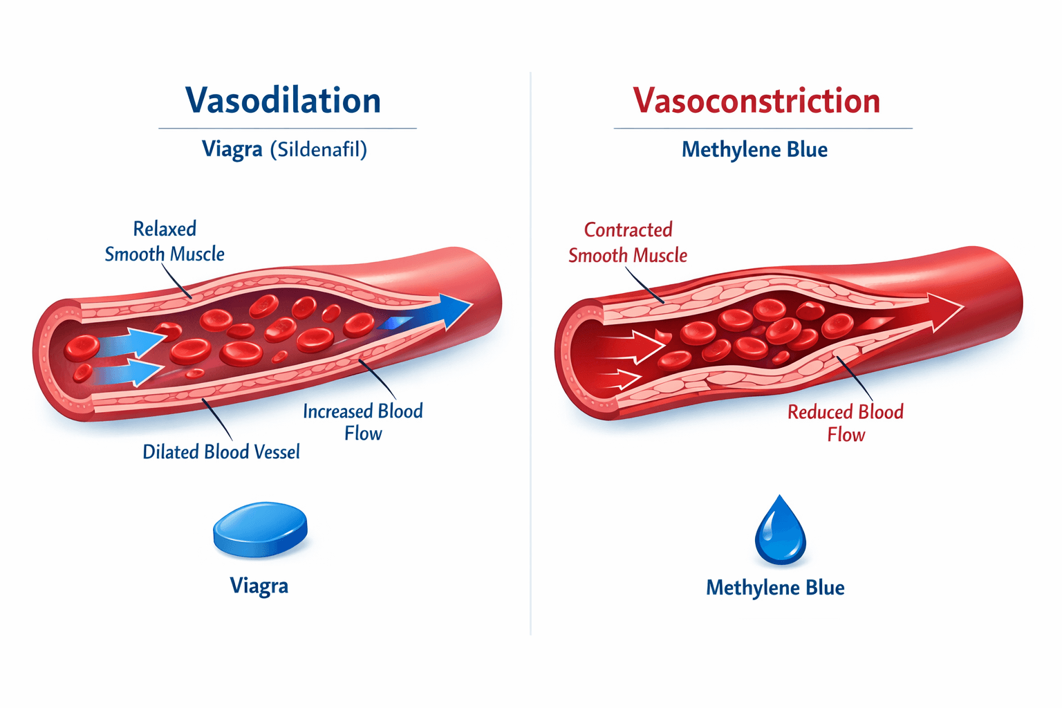 Pharmaceutical comparison diagram: Viagra causes vasodilation with relaxed smooth muscle and increased blood flow, while Methylene Blue causes vasoconstriction with contracted smooth muscle and reduced blood flow