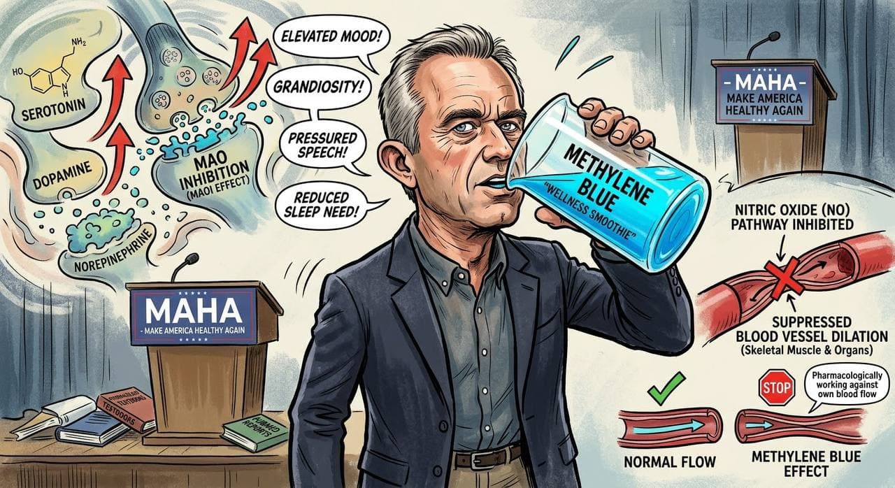 Editorial illustration: RFK Jr. drinking methylene blue, surrounded by labeled pharmacological effects including elevated mood, grandiosity, pressured speech, and suppressed blood vessel dilation